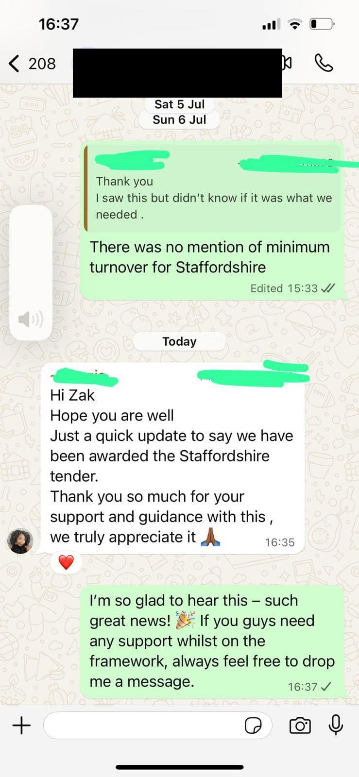 WhatsApp message from a care provider: Just a quick update to say we have been awarded the Staffordshire tender. Thank you so much for your support and guidance with this, we truly appreciate it.